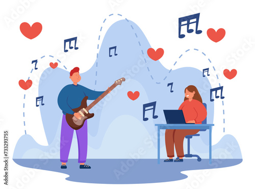 Lovers of music and poetry concept. Vector illustration of man playing guitar and woman reading ebook. Music notes and red hearts on background