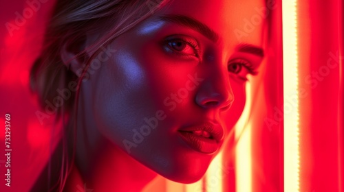 Woman in Red Neon Light Background