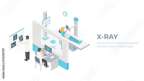 Isometric 3D vector illustration roentgen x-ray study. Diagnosis and search for the disease with magnetic radiation. The doctor scans the patient with x-ray.