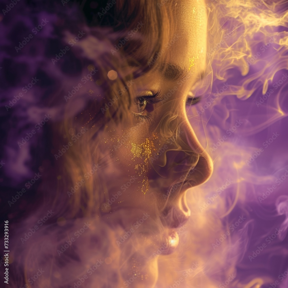Girl in Gold Smoke Purple Background