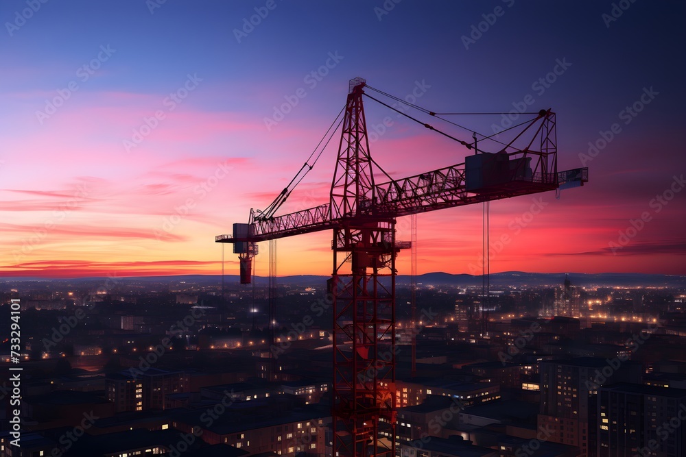 Crane constructing a building illuminated by morning glow Crane constructing a building illuminated by morning glow