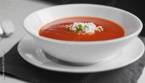 A white bowl of soup with a spoon on the side