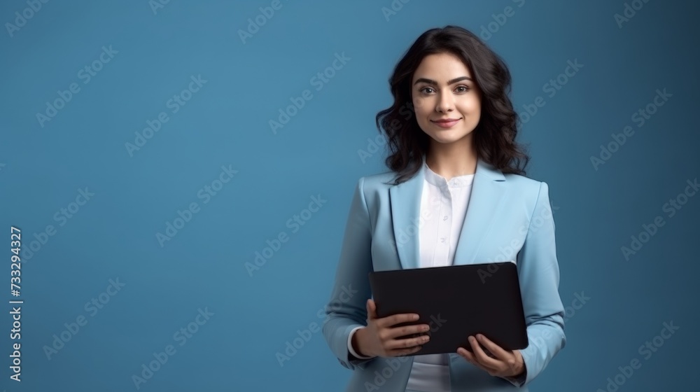 Professional young female executive with a digital tablet standing against a blue background. Professional young female executive with a digital tablet standing against a blue background.