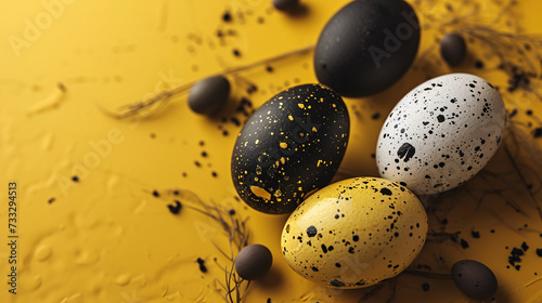 artistic composition of Easter eggs, each adorned with unique speckled patterns, arranged amidst delicate twigs and small round elements on a bright yellow canvas