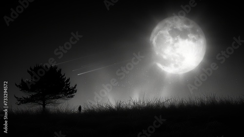 a black and white photo of a person standing in a field in front of a full moon with a tree in the foreground.