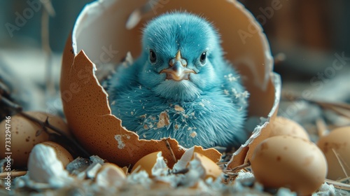 a baby blue bird sitting inside of an egg shell with eggs scattered around it and a broken egg shell in the foreground.