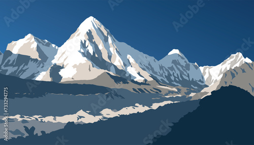 Khumbu glacier and Mount Pumori, vector illustration, Khumbu valley, Sagarmatha national park, Nepal Himalaya mountain