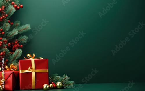 Merry Christmas: Festive Decorations and Gift Box on Red Background
