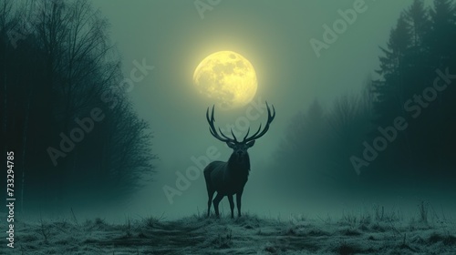 a deer standing in the middle of a forest at night with a full moon in the sky in the background.