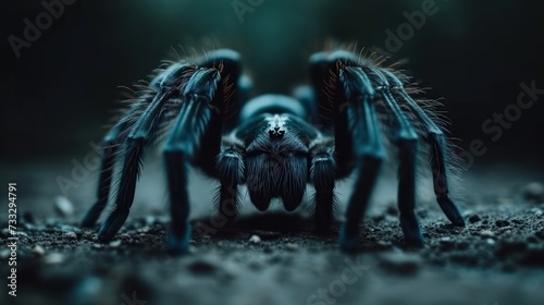 a close up of a blue jumping spider on the ground with it's legs spread out and eyes wide open.