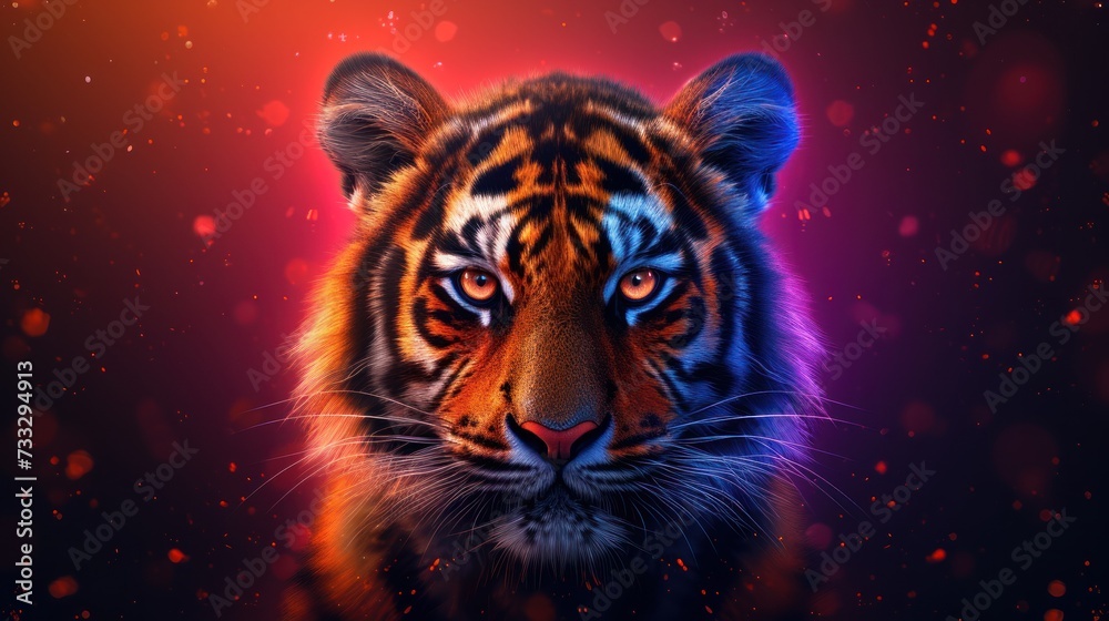 a close up of a tiger's face on a dark background with red and blue lights in the background.