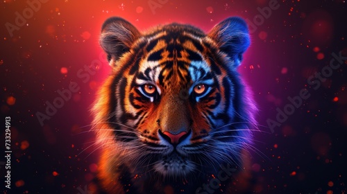 a close up of a tiger s face on a dark background with red and blue lights in the background.