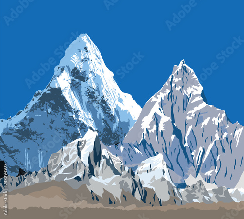 Great Himalayan range, Himalayas mountains vector illustration, snowcapped white and blue colored mountain