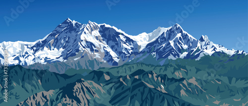 Mount Annapurna peak as seen from Jaljala pass blue colored vector illustration, Nepal Himalayas mountains