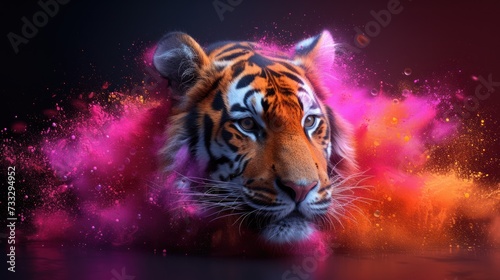 a close up of a tiger's face with pink and orange paint sprinkles on the background.