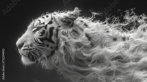 a black and white photo of a tiger's head with water splashing on it's face and a black background.
