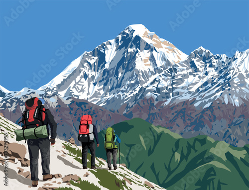 Mount Dhaulagiri peak as seen from Jaljala pass and three hikers vector illustration, Nepal Himalayas mountains