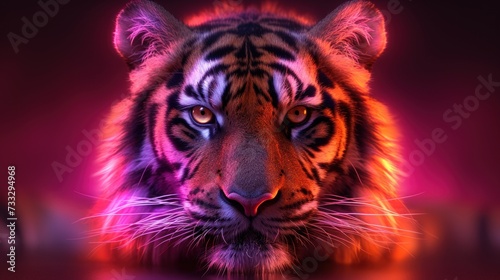 a close up of a tiger s face on a dark background with a red and purple light behind it.
