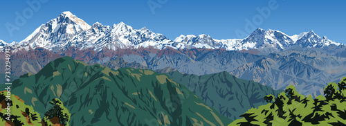 Mount Dhaulagiri and Mt Annapurna peaks as seen from Jaljala pass vector illustration, Nepal Himalayas mountains photo