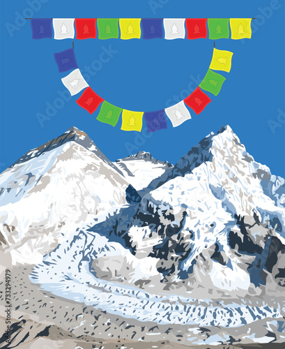 mount Everest Lhotse and Nuptse from Nepal side as seen from Pumori base camp with prayer flags, vector illustration, Mt Everest 8,848 m, Khumbu valley, Sagarmatha national park, Nepal Himalayas