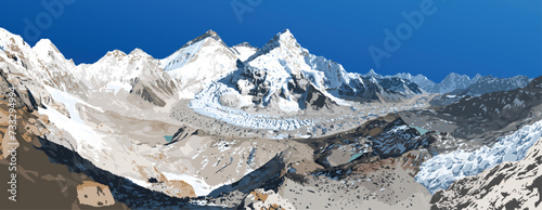 mount Everest Lhotse and Nuptse from Nepal side as seen from Pumori base camp, vector illustration, Mt Everest 8,848 m, Khumbu valley, Sagarmatha national park, Nepal Himalaya mountain