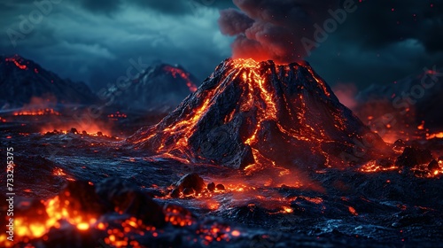 Night landscape with volcano and burning lava. Volcano eruption, fantasy landscape. 3D illustration