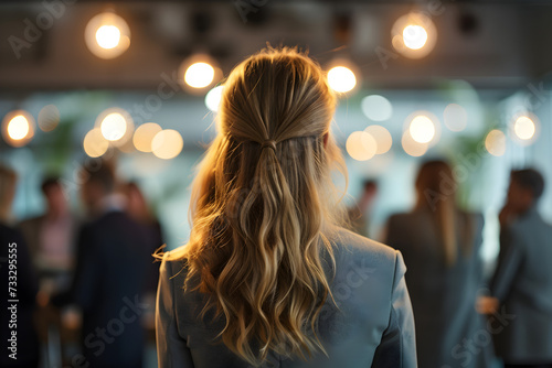 Back view of Business Woman Looking at People in a Conference