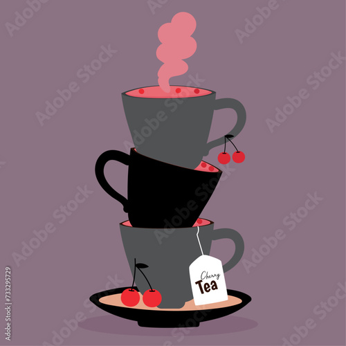 Flat Design Illustration with Three Cups Tea with Cherry Taste