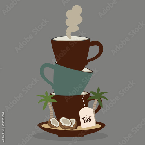 Flat Design Illustration with Three Cups Tea with Coconut Taste