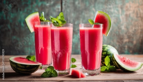 Three glasses of watermelon juice with mint leaves