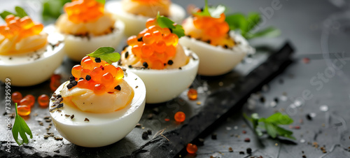 Deviled eggs topped with bright orange caviar and black truffle on a dark slate, with green leaf garnish photo