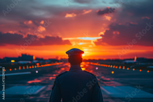 Male Officer Standing on Runway in Front of Sunset