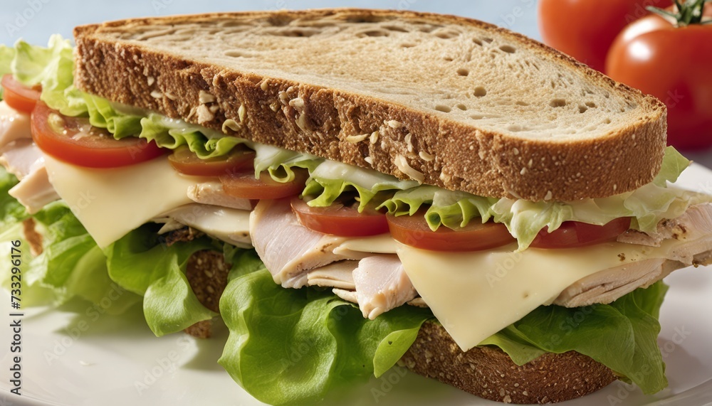 A sandwich with lettuce, tomato, and cheese on a white plate A sandwich with lettuce, tomato, and cheese on a white plate