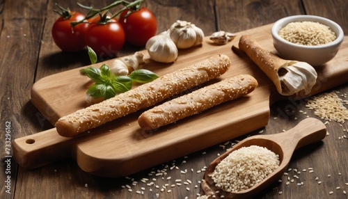 A wooden cutting board with bread sticks, tomatoes, garlic, and rice