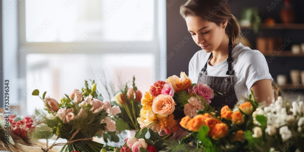 Florist woman arranging a beautiful bouquet in her floral shop, surrounded by fresh, colorful flowers.