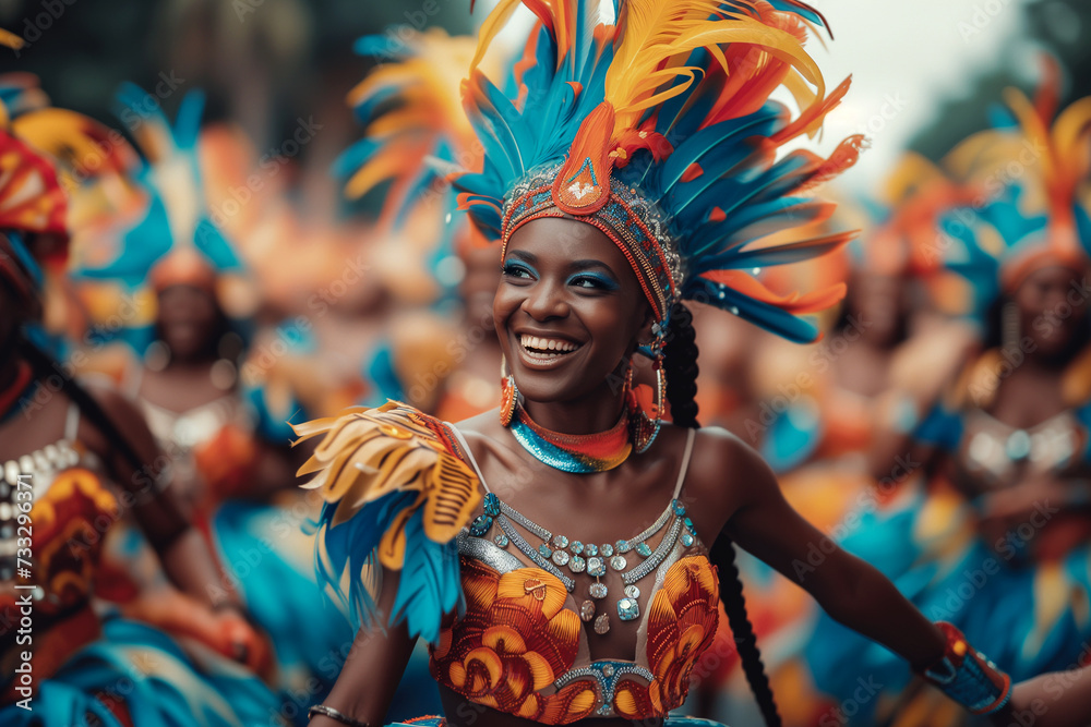Joyful carnival dancer in a feathered costume. Beautiful exotic woman dancing on the streets during carnival.