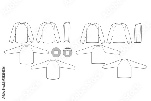 Raglan sleeve shirt tee technical drawing illustration short sleeve blank streetwear mock-up template for design and tech packs.	 (ID: 733296336)