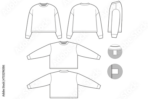 cropped oversized fit t-shirt flat technical drawing illustration long sleeve blank streetwear mock-up template for design and tech packs men or unisex