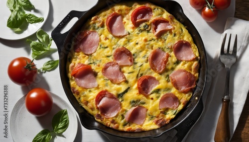 A frittata with ham  tomatoes  and basil