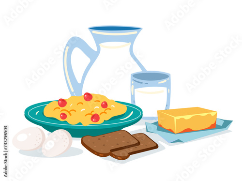 Morning breakfast porridge with milk, banana and nuts. Vector flat graphic design cartoon illustration