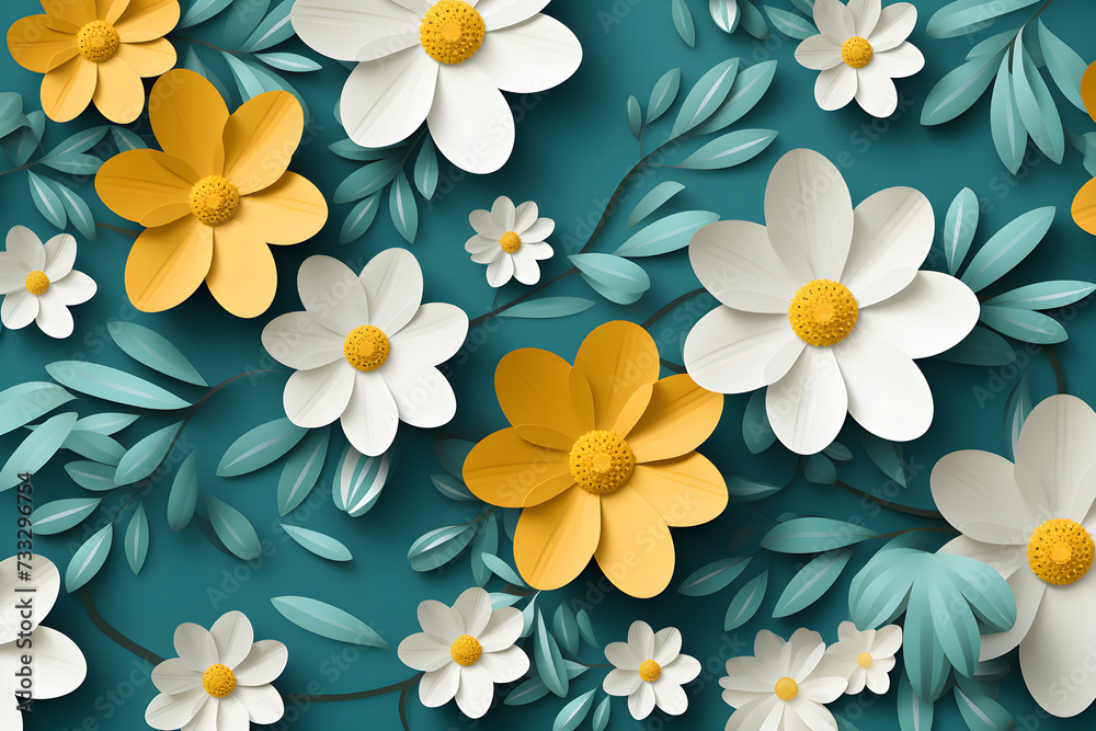 Obraz premium White and yellow paper flowers on a green background