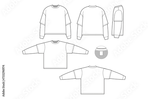 cropped oversized fit t-shirt flat technical drawing illustration long sleeve layered blank streetwear mock-up template for design and tech packs men or unisex (ID: 733296974)