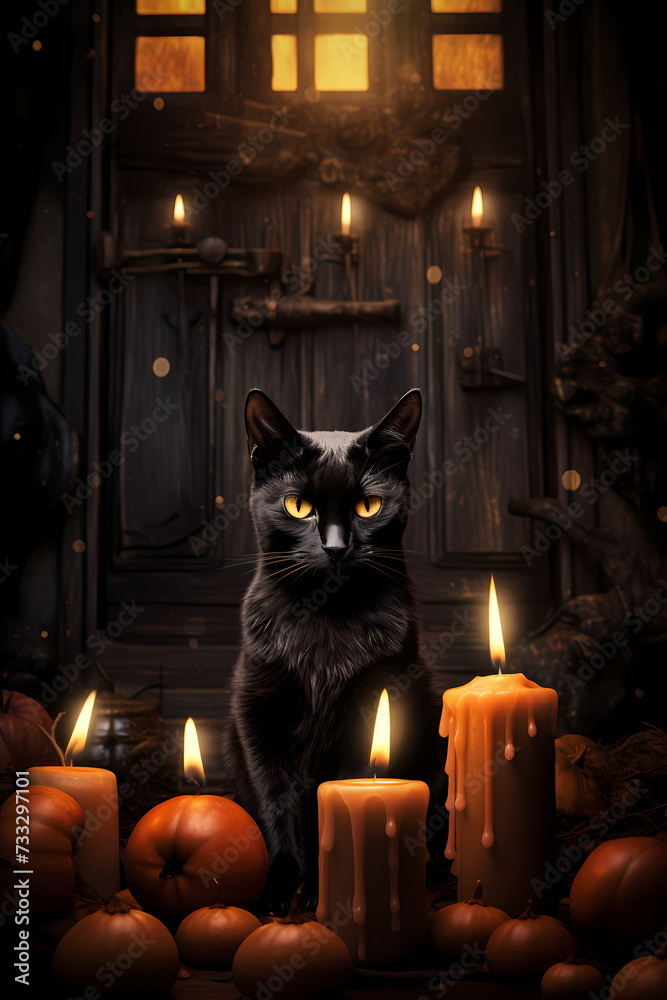 Halloween black cat in a spooky house surrounded by candles and pumpkins Halloween black cat in a spooky house surrounded by candles and pumpkins