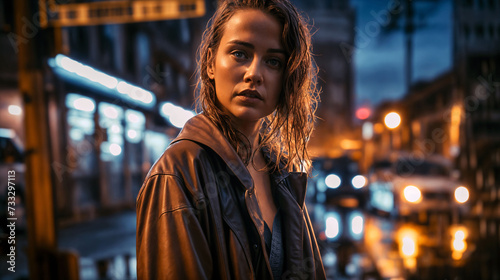 Contemplative young woman alone on a rainy street at night