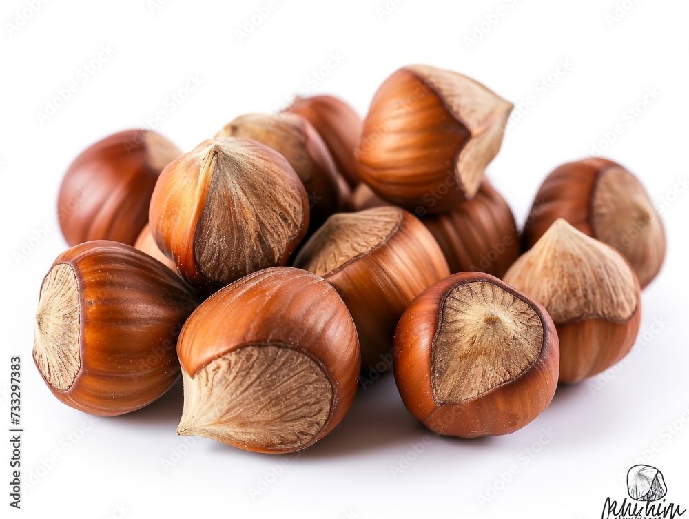 Fototapeta premium Hazelnuts are isolated on a white background in a minimalist style. Studio photography.