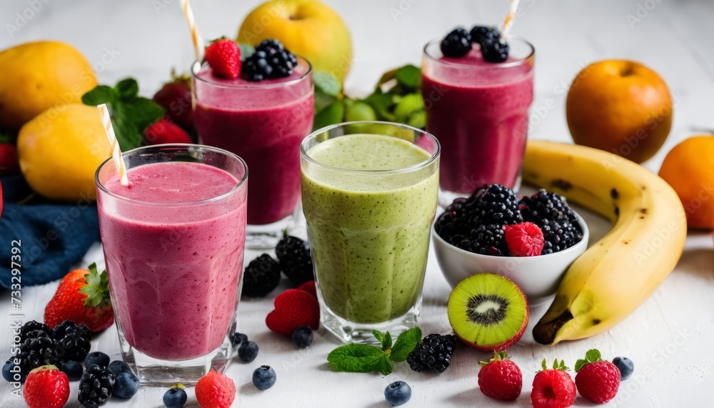 A table full of fruit and smoothies A table full of fruit and smoothies