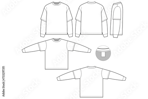 Regular fit t-shirt flat technical drawing illustration layered long sleeve blank streetwear mock-up template for design and tech packs men or unisex (ID: 733297311)