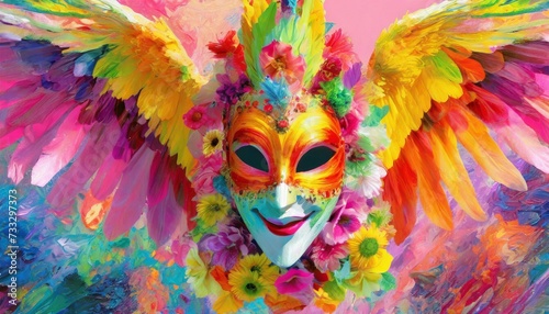 Eagle-shaped carnival mask. front view with open wings and head turned to the right. very bright pastel colors. AI generated © cristian