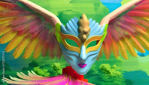 Eagle-shaped carnival mask. front view with open wings and head turned to the right. very bright pastel colors. AI generated