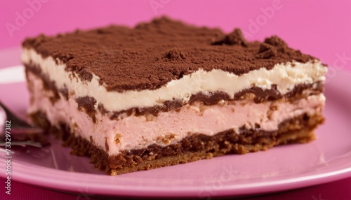 A slice of chocolate and vanilla cake on a pink plate